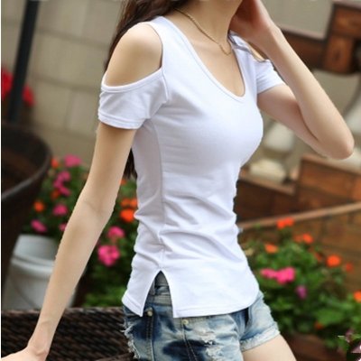 2022夏季新品女修身半袖上衣性感露肩t恤圆领蕾丝露背短袖打底衫