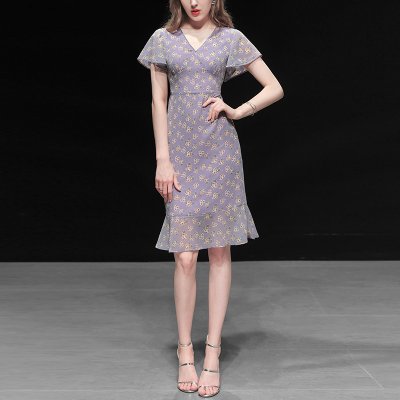 夏装2022新款女装气质性感修身雪纺收腰显瘦中长款碎花连衣裙