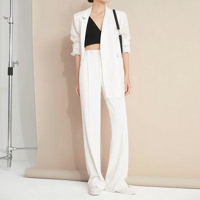 夏莫卡防透白色加长阔腿裤夏季高腰宽松藏肉显瘦窄版直筒裤女K50