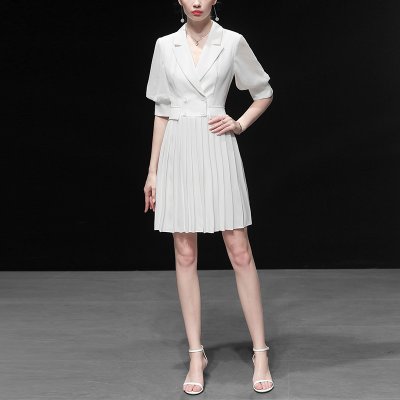 白色气质修身西装收腰显瘦中长款雪纺连衣裙女装2022新款夏装