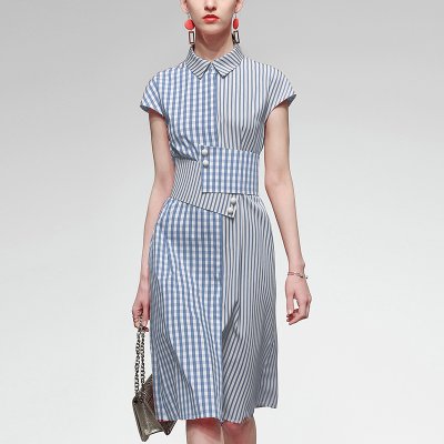 夏装2022新款女装蓝色格子衬衫长裙气质收腰中长款条纹连衣裙