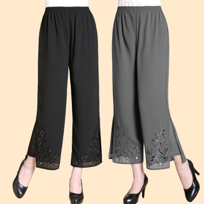 中年夏装新款高腰宽松大码阔腿裤松紧雪纺九分裤妈妈七分裤休闲裤