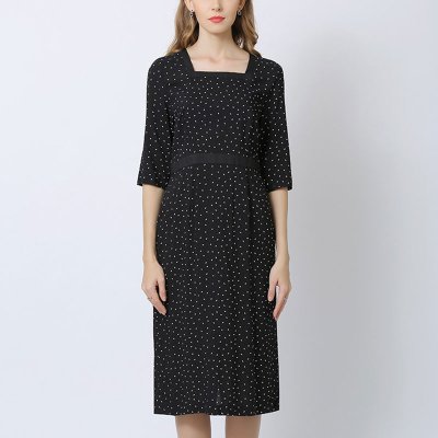大码女装高端人造棉绸连衣裙子波点夏季2022新款时尚绵绸长款方领
