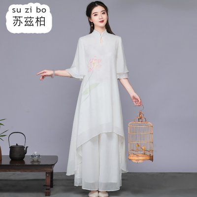 夏季中式禅意女装改良汉服旗袍雪纺连衣裙套装中国风两件套茶禅服
