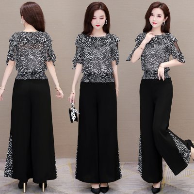 阔腿裤套装两件套2022新款夏季雪纺衫遮肚气质女神范洋气时尚套装