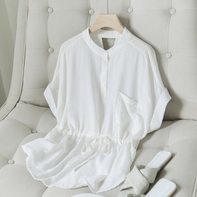设计感宽松蝙蝠衫夏垂坠感衬衣宽松大版显瘦小众铜氨丝短袖衬衫女