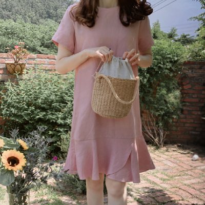 韩国东大门棉麻夏季短袖连衣裙2022新款淑女气质纯色荷叶边中长裙