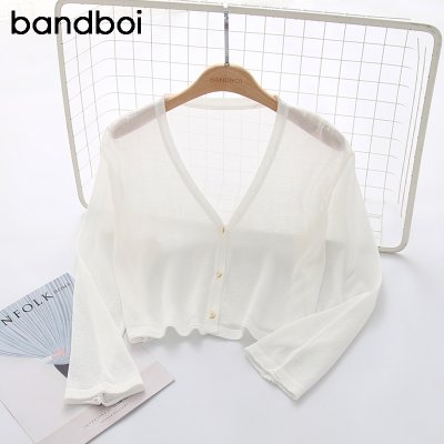 夏季韩版新款冰丝针织防晒开衫薄款外套女短款白色披肩上衣空调衫