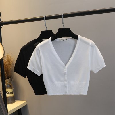 夏季短袖针织衫女开衫超短款新款修身天丝超薄防嗮高腰小外搭披肩