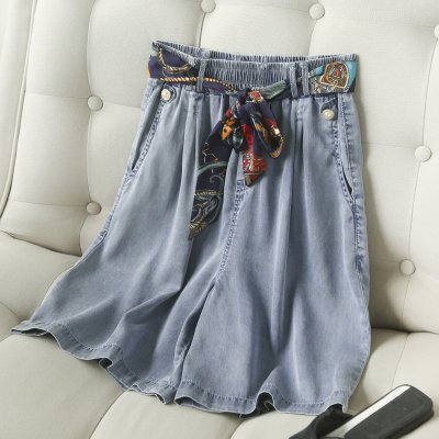垂坠感透气显瘦牛仔阔腿短裤子女夏松紧高腰系带休闲薄款五分中裤