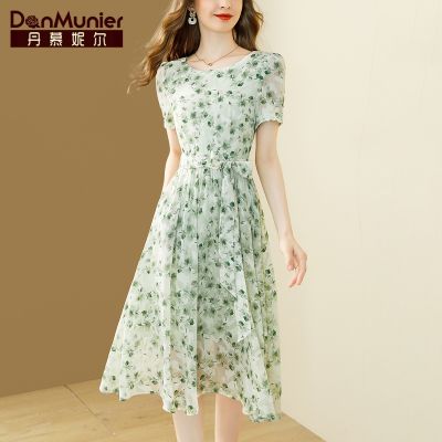 丹慕妮尔法式绿色碎花雪纺连衣裙2023夏季新款女装气质收腰中长裙