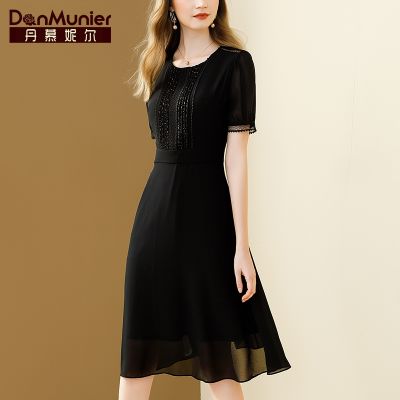 丹慕妮尔法式黑色雪纺连衣裙女夏季2023新款钉珠收腰气质中长裙子