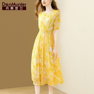 丹慕妮尔法式浪漫印花雪纺连衣裙女2023夏季新款气质黄色收腰长裙