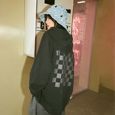 SHOOT棋盘格连帽套头卫衣男女情侣嘻哈潮牌宽松oversize上衣外套