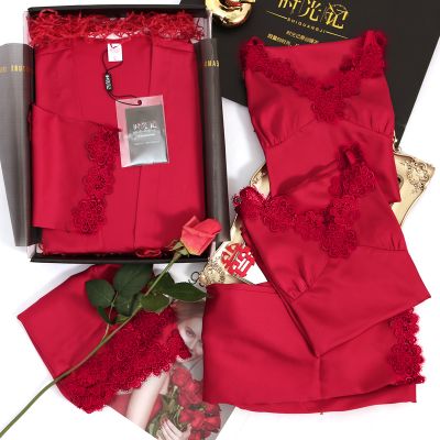 时光记新品冰丝绸睡衣新婚情侣红色春夏新娘郎晨袍五件套高档礼盒